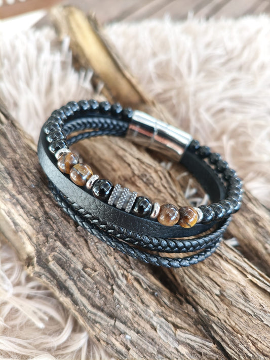 Pulsera Multicapa "Titan" – Cuero, Piedra Natural y Acero