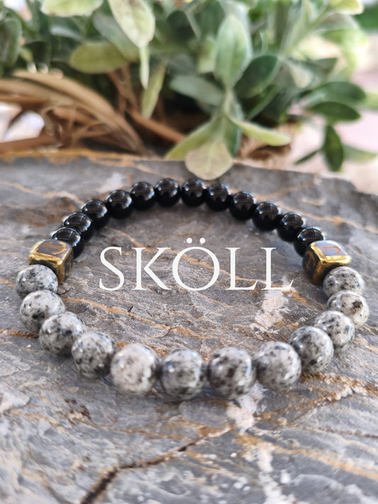 Pulsera "Anchor Grey" – Ónix y Jaspe Dálmata con entrepiezas Doradas