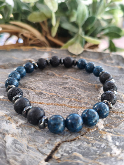 Pulsera "Deep Sea" – Apatita Azul, Piedra Volcánica y Hematites